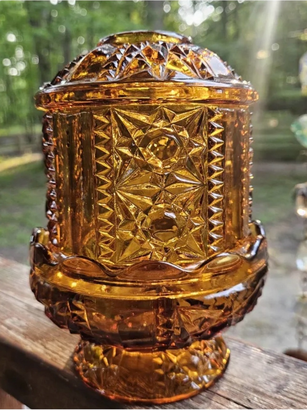 Vintage Indiana Glass  Stars And Bars Pressed Glass Amber Fairy Lamp